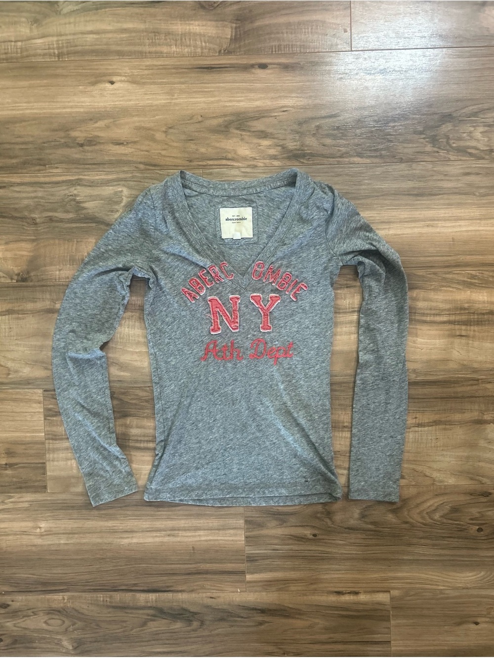 Abercrombie Gray Long-Sleeve V-Neck Tee with Pink NY Logo